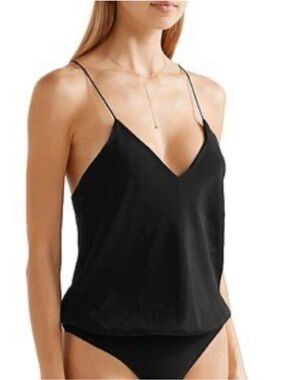 ALIX NYC Silk Black Spaghetti Strap Vneck Bodysuit S Minimalist Evening